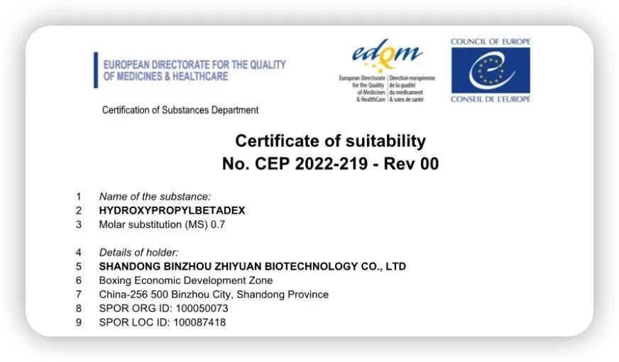 熱烈祝賀智源生物羥丙基倍他環(huán)糊精獲歐盟CEP證書
